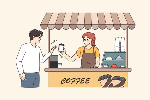 Smiling man buy takeaway coffee in street coffeeshop from female barista. Happy girl serve guy client make espresso or cappuccino in cafeteria. Small business concept. Vector illustration.