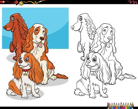 Cartoon illustration of spaniels purebred dogs comic characters coloring book page