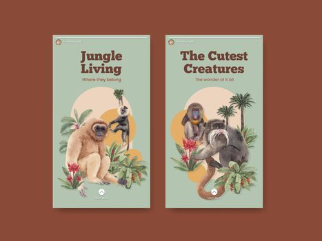Instagram template with monkey in the jungle concept,watercolor style