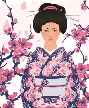 Beautiful japanese woman in kimono (traditional dress), on pink floral sakura background