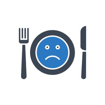 Loss of appetite related vector glyph icon. Cutlery, knife, fork and plate. On plate sad smiley. Loss of appetite sign. Isolated on white background. Editable vector illustration