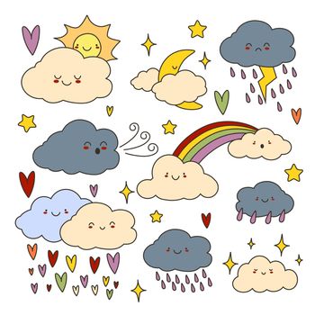 Funny weather icons set isolated on white background. Vector illustration of sun, rain, storm, wind, moon, star with rainbow tail, rainbow, in cartoon simple flat style. Cute characters