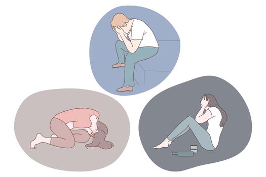 Sadness, mental depression, grief concept. Young unhappy depressed people covering faces with hands and suffering from bad news and depression with thoughts after negative events illustration
