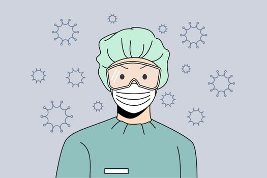 Protective work wear and pandemic concept. Doctor wearing hat mask glasses and uniform standing during covid-19 epidemic and bacterias flying around vector illustration