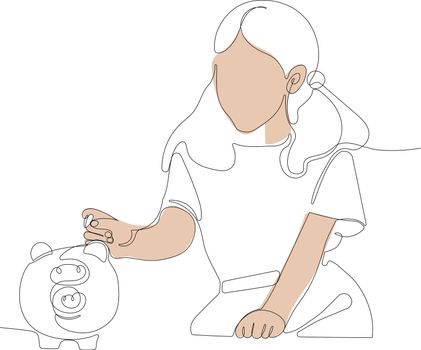 Continuous one line drawing of Teach child girl to save coin into a piggy-bank to manage finances save money spend earnings with economy plan family budget. Vector illustration