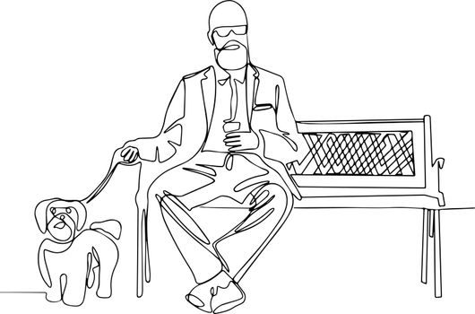 Continuous one line drawing of bearded man sitting on a bench with a cup of take away coffee and a dog on a leash. Vector illustration