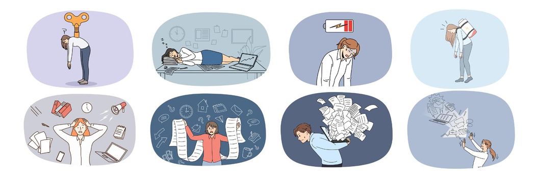 Set of exhausted office workers feel distressed overwhelmed with tasks and duties. Collection of unhappy unwell employees tired with workload. Overwork and fatigue. Vector illustration.