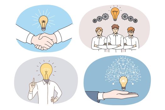 Set of businessmen with lightbulb brainstorm generate creative business ideas. Collection of employees think consider creative innovative projects. Innovation and solution. Vector illustration.