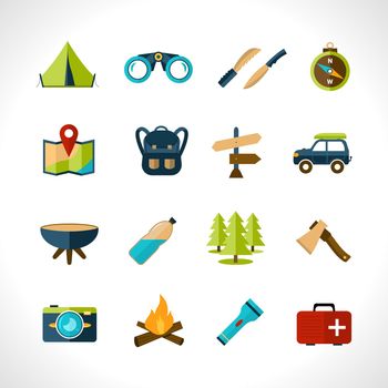 Camping icons set with tent binoculars knife compass isolated vector illustration
