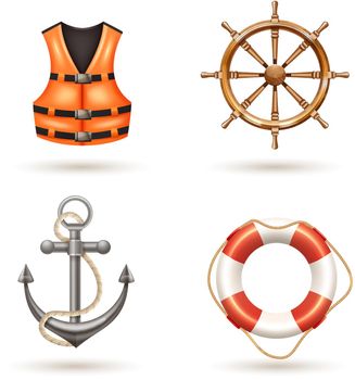 Marine realistic icons set with anchor life buoy life jacket and helm isolated vector illustration 