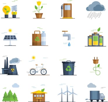  Ecology icons set with bicycle forest solar energy and water flat isolated vector illustration 
