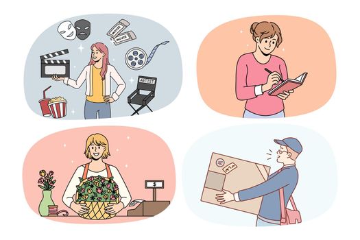 Collection of diverse people with different careers and occupations. Set of men and women various jobs and professions. Actress or producer, writer, florist and deliveryman. Vector illustration.