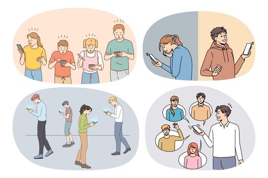 Set of diverse people addicted to cellphones text and message on gadgets. Collection of diverse humans use smartphones scroll browse social media. Device addiction. Vector illustration.
