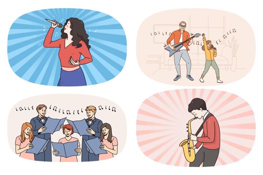 Set of diverse people sing and play musical instruments enjoy hobbies. Collection of men and women artists or musicians careers or occupations. Music professional. Vector illustration.