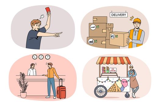 Set of people occupations and professions. Collection of men and women jobs and careers. Employment concept. Referee, deliveryman, receptionist and seller. Vector illustration.