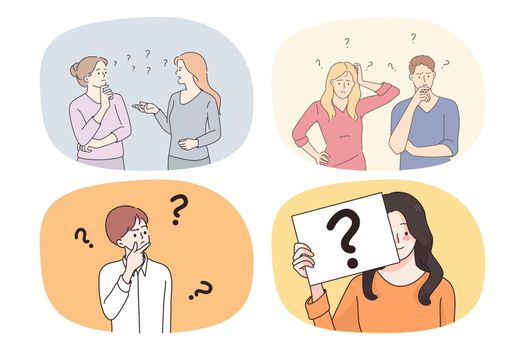 Collection of men and women brainstorm think solve problem or dilemma. Set of diverse people with question marks consider trouble solution. Frustration and confusion. Vector illustration.