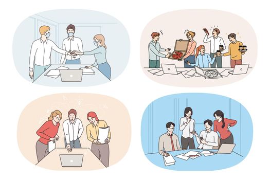 Set of businesspeople office life routine, negotiations and break. Collection of employees or workers talk brainstorm cooperate at meeting at workplace. Teamwork. Vector illustration.
