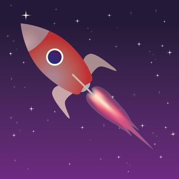 Rocket in the sky with a purple night sky and stars.
