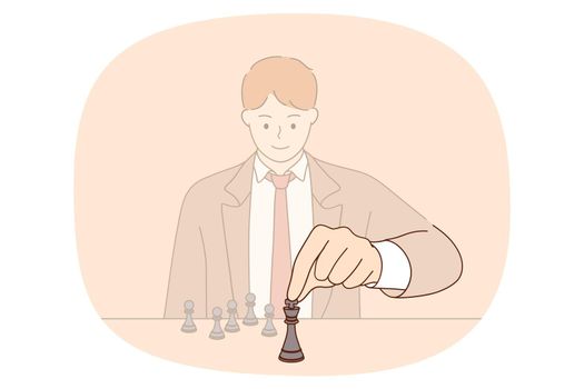 Young clever man sit at desk playing chess. Confident businessman engaged in board game make move with piece. Problem solution concept. Logic and intelligence. Business strategy. Vector illustration.