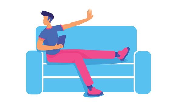 Carefree guy with tablet sitting on sofa semi flat color vector character. Full body person on white. Spending time with gadget simple cartoon style illustration for web graphic design and animation