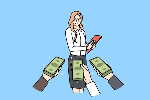 Diverse businesspeople with money in hands offer funding to successful businesswoman. Female employee receive finances from investors or bankers. Economy and budget. Vector illustration.
