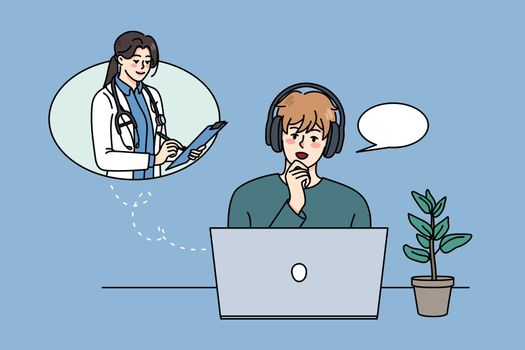 Young man talk on video call with doctor on computer on lockdown at home. Guy have webcam conversation or communication with therapist on laptop. Distant consultation. Vector illustration.