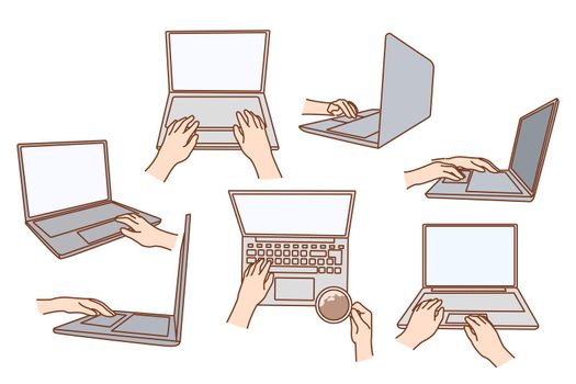 Set of person use modern laptop gadget browsing surfing internet. Collection of people work online on computer from lockdown. Remote job. Technology concept. Vector illustration.