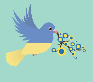 A dove of peace in the Ukraine flag colors. The bird is holding a branch with blue and yellow sunflowers
The background is a green shade.