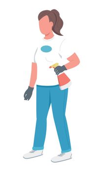 Janitress semi flat color vector character. Standing figure. Full body person on white. Charwoman with cleaning supply simple cartoon style illustration for web graphic design and animation