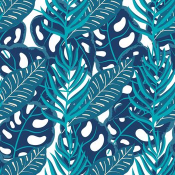 Vector Hand drawn Tropical Leaves Seamless Background. Rainforest plants background. Vector illustration
