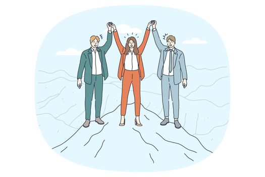 Teamwork success and Collaboration concept. Group of workers business team standing on top of mountain peak holding hands feeling successful together vector illustration