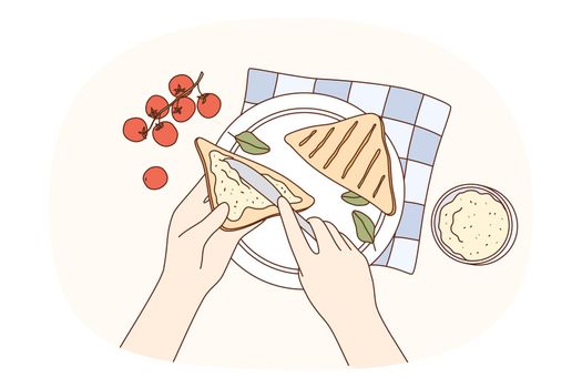Having breakfast and meal concept. Top view of human hands adding butter to bread toasts making sandwich for breakfast vector illustration