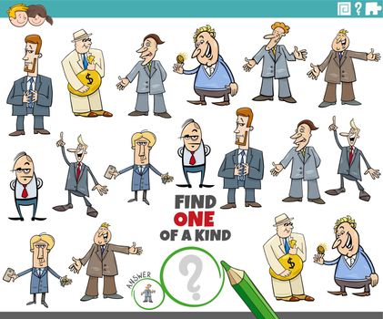 Cartoon illustration of find one of a kind picture educational game with comic businessman characters