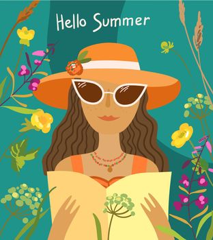 Woman in hat and sunglasses. Beautiful vector illustration about summer.