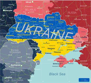 Ukraine detailed editable map with regions cities and towns, roads and railways.