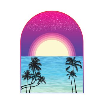 Ocean and beach panorama. Summer time and surfing landscape design artwork. Editable, resizable, EPS 10, vector illustration.