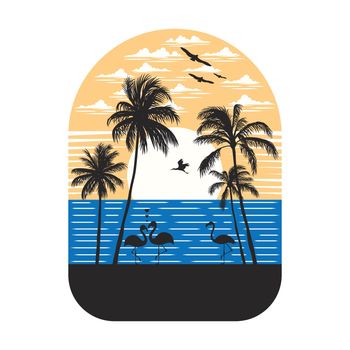 Ocean and beach panorama. Summer time and surfing landscape design artwork. Editable, resizable, EPS 10, vector illustration.