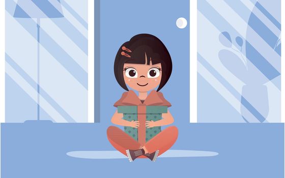 A happy little girl sits in a lotus position and holds a gift box in her hands. Vector.