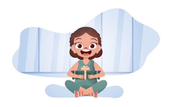 A happy little girl sits in a lotus position with a gift in her hands. Vector.