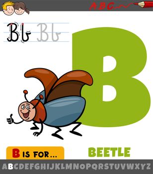 Educational cartoon illustration of letter B from alphabet with beetle insect animal character