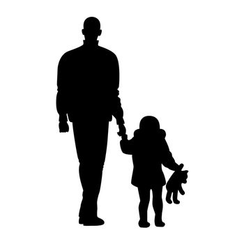 Silhouette dad with daughter walking vector illustration. Adult man holds child hand. Little girl with teddy bear and father shadow. Outline fatherhood concept isolated