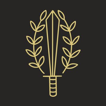 Magic dagger vector doodle illustration. Sword decorated twigs with leaves symbolism. Esoteric object akultism isolated object. Golden silhouette cold weapon on black background