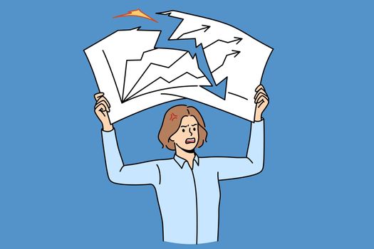 Furious businesswoman tearing paper with graphic or chart downturn stressed with business company failure. Mad woman employee distressed with bankruptcy or crisis. Vector illustration.