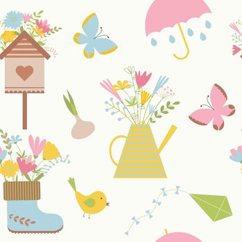 Beautiful colorful spring summer pattern with cartoon elements for gift cards and invitations. Decorative set wit houses, butterfly and umbrella for seasonal design