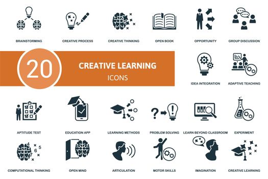 Creative Learning set icon. Contains creative learning illustrations such as creative process, open book, group discussion and more