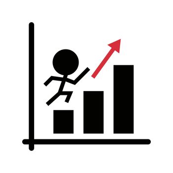 Pictogram of the person who ascends the ascending arrow and the bar graph. Editable vector.
