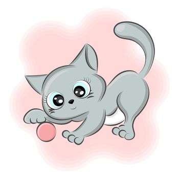 Cute kitten plays with a ball, in different poses, sticker, print on textiles, on a t-shirt or packaging vector