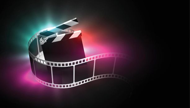 clapper board with realistic film strip background