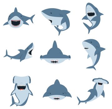 White shark and Hammer head shark set cartoon