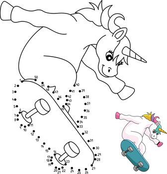 A cute and funny connect the dots coloring page of a unicorn on a skateboard. Provides hours of coloring fun for children. To color, this page is very easy. Suitable for little kids and toddlers.